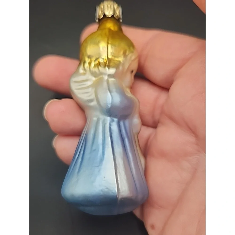 Vintage Blown Glass German Christmas Ornamemt Little Angel In Blue Silver & Gold